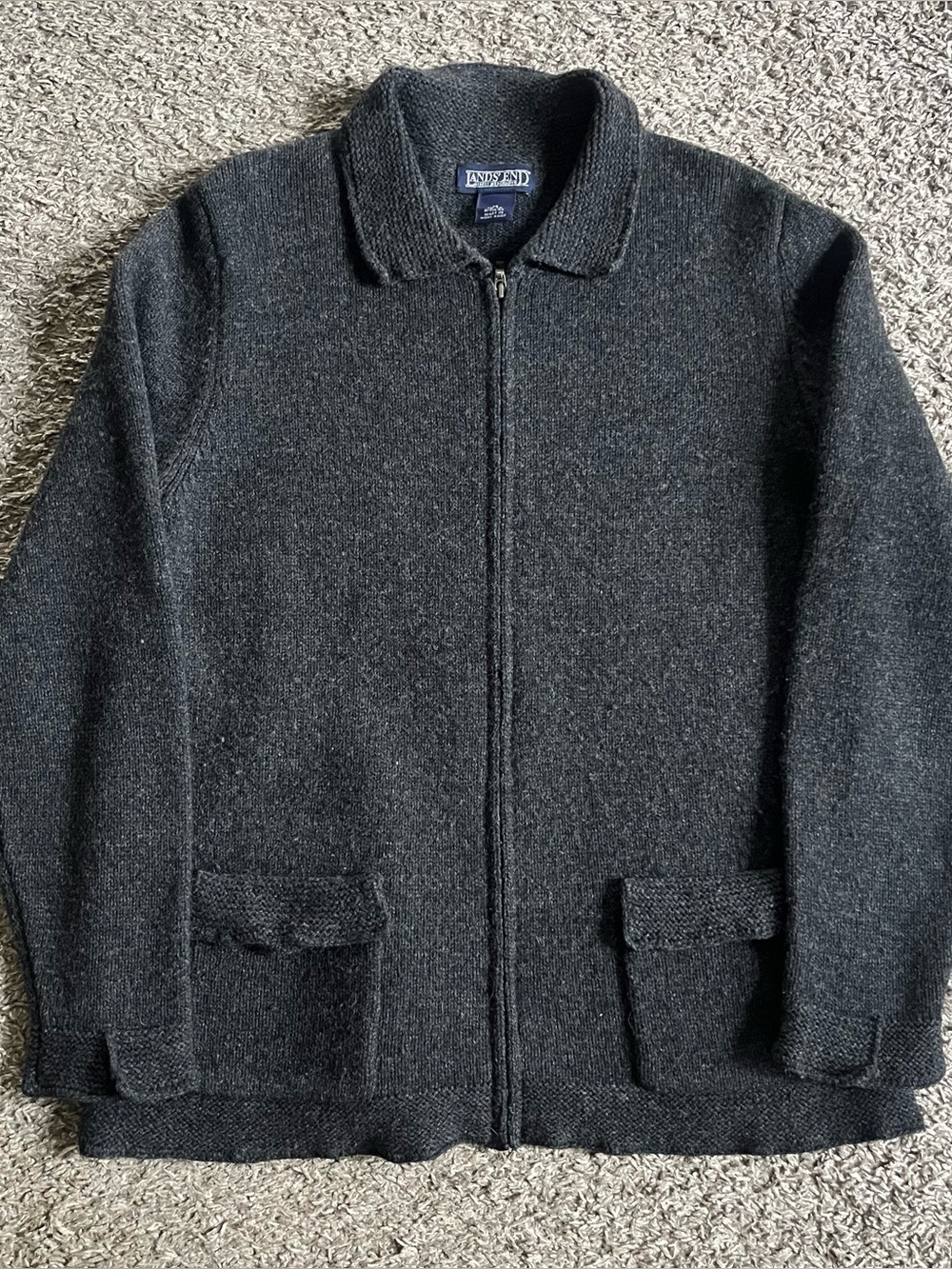 Vintage Land's End 100% Lambswool Wool Gray Full Zip Up Pockets Medium Sweater